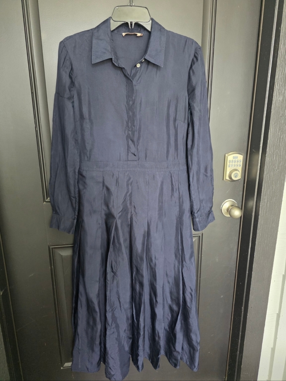 Tory Burch 100% Silk Shirt Dress Size 6 Navy Blue Long Sleeve Collared FLAW